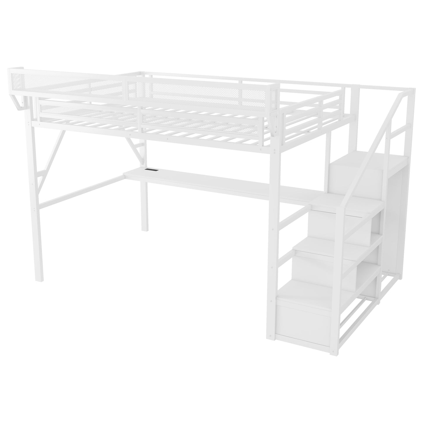 Queen Loft Bed with Desk and Charging Station, Queen Size Metal Loft Bed with Stairs and Light for Kids Teens,White(Old SKU W2580S00033) image 10