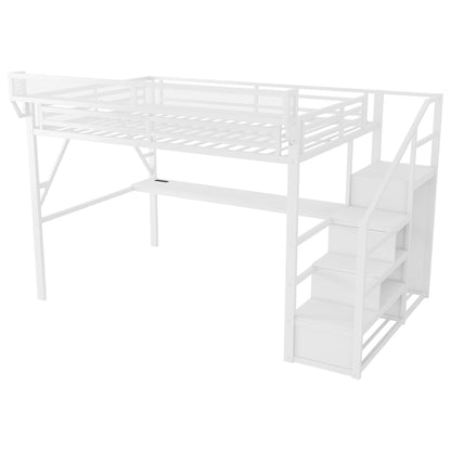 Queen Loft Bed with Desk and Charging Station, Queen Size Metal Loft Bed with Stairs and Light for Kids Teens,White(Old SKU W2580S00033) image 10