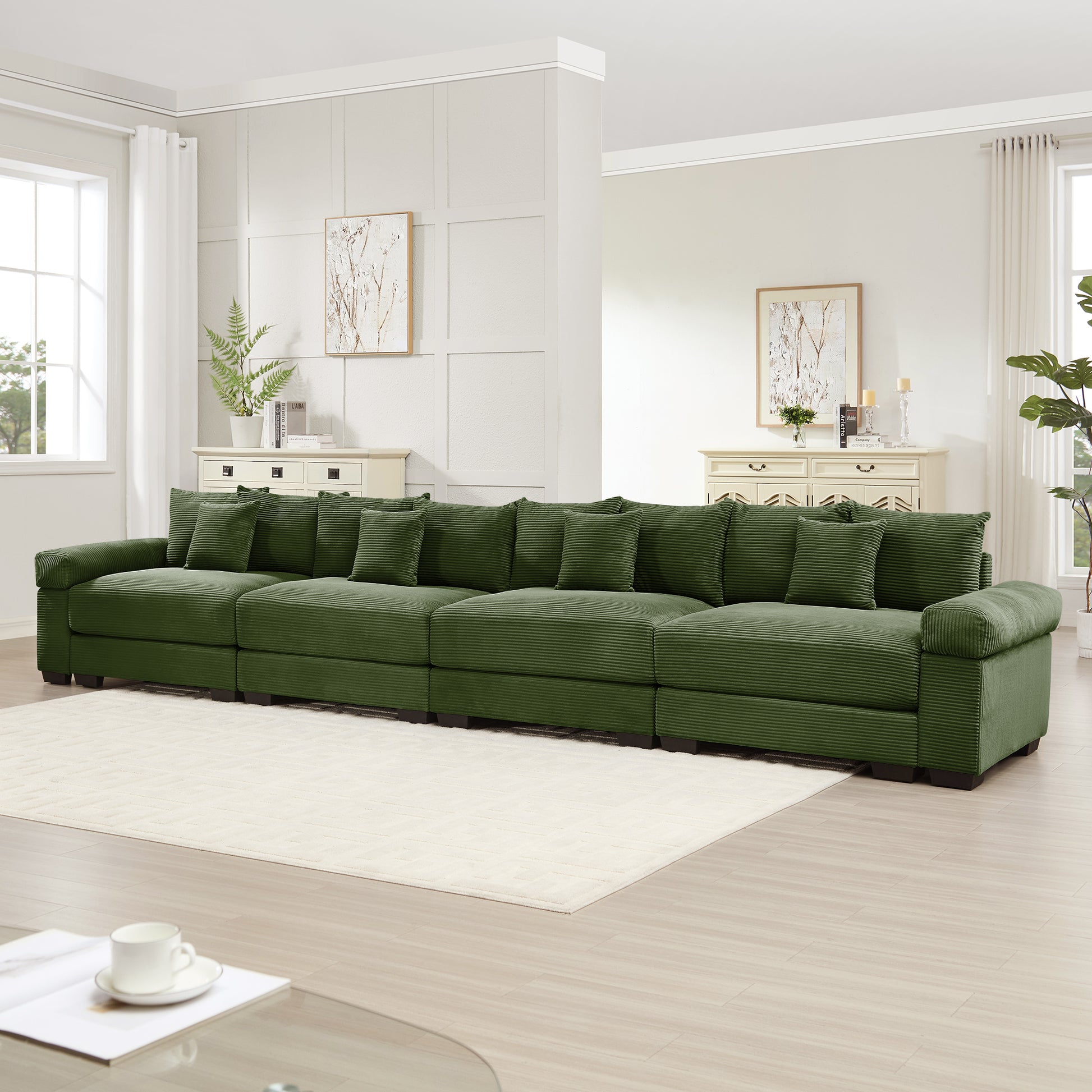 170" Oversized Cloud Modular Sectional Couch, Premium Corduroy 3-Seater Extra-Thick Armrests, Good Resilience Cushion,12 Throw Pillows, Ergonomic Design, Easy Assembly,For Living Rooms,Green image 2