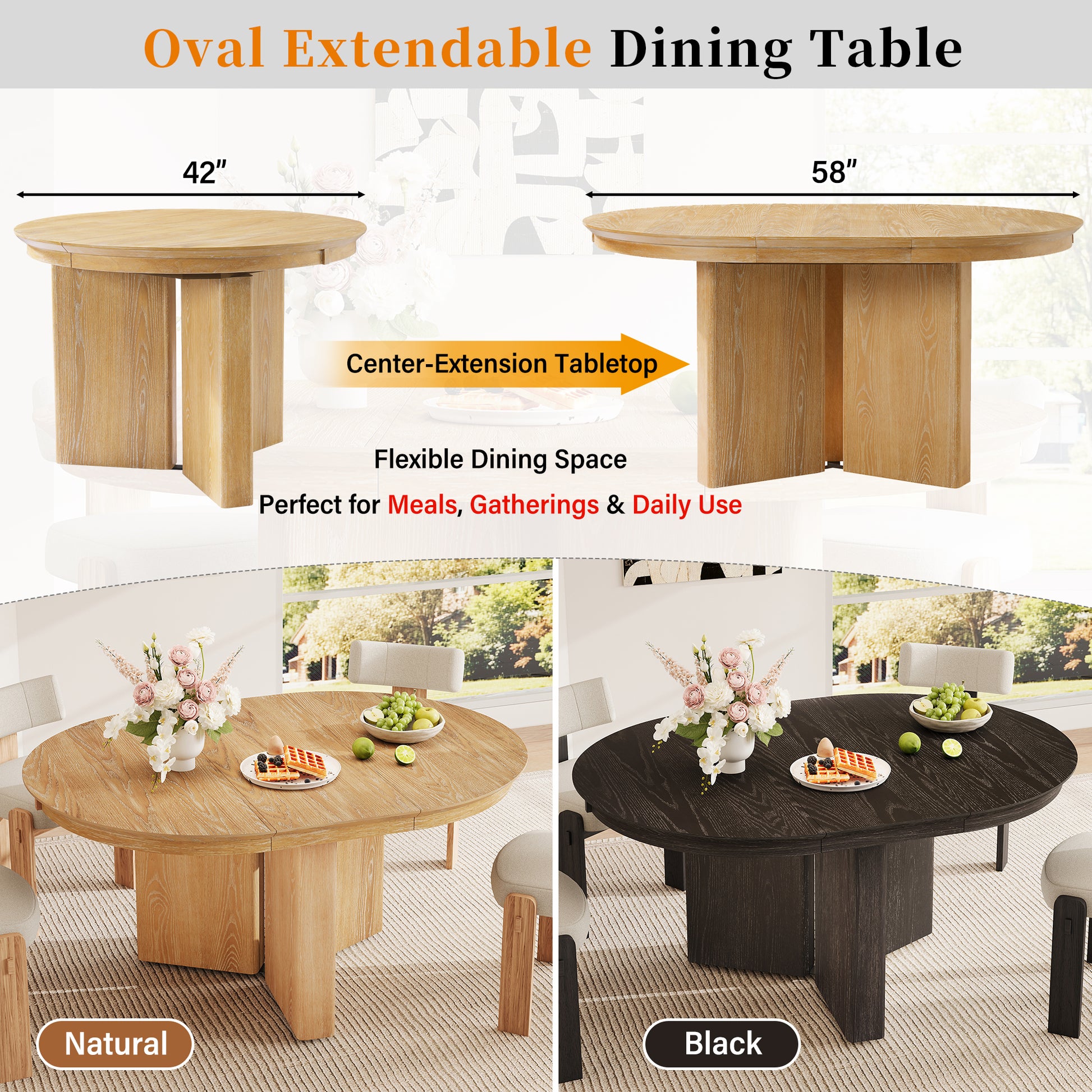 TREXM Oval Extendable Dining Table, Modern Farmhouse Kitchen Table with Pedestal Base and Adjustable Foot Pads for Dining Room, Kitchen (Natural) image 8