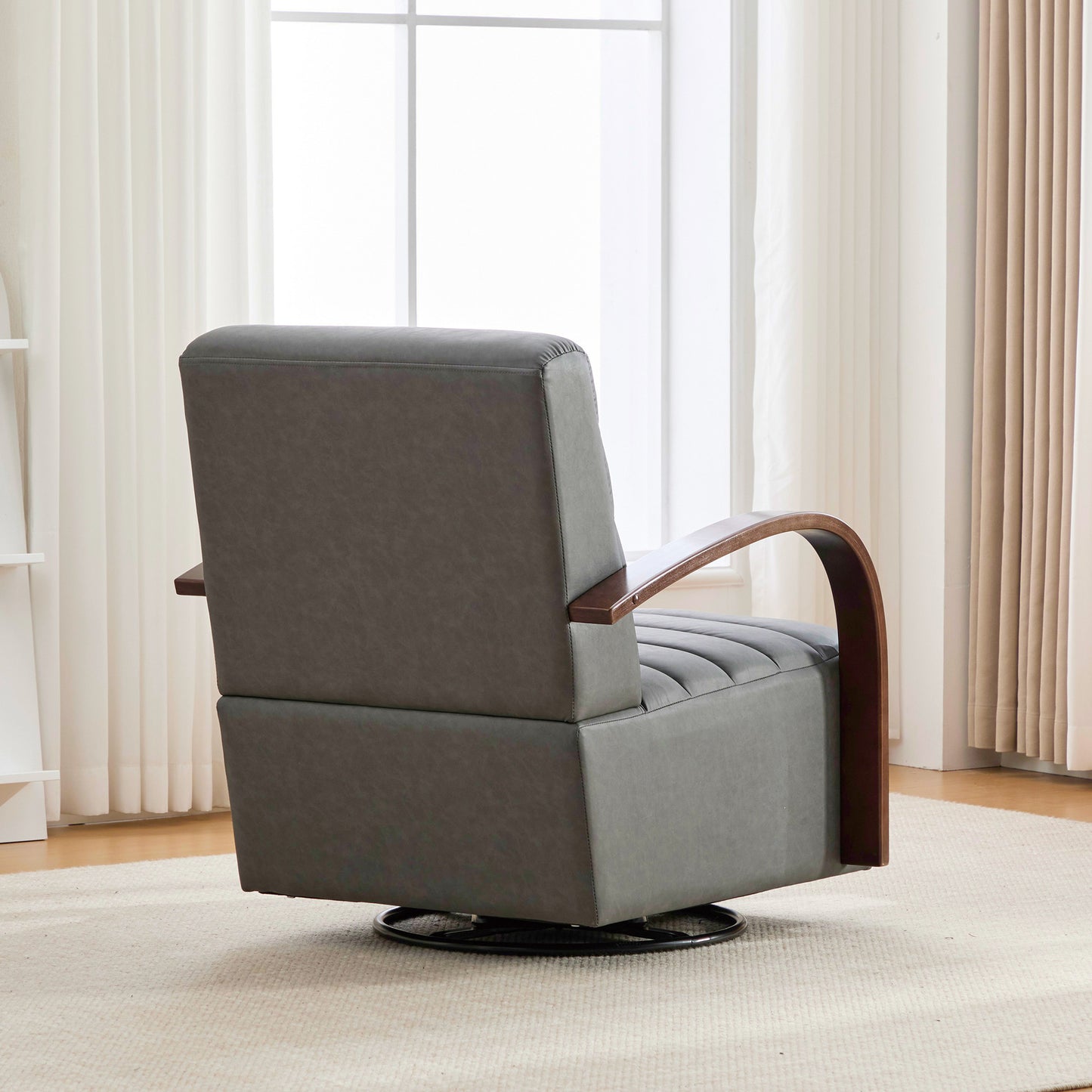 30.7"W Modern Upholstered 360° Swivel Accent Chair with Solid Wood Armrests and Comfy Channel Tufted Lounge Reading Chair, Single Sofa Armchair for Hotel Bedroom Living Room Office and Bedroom. Gray image 8