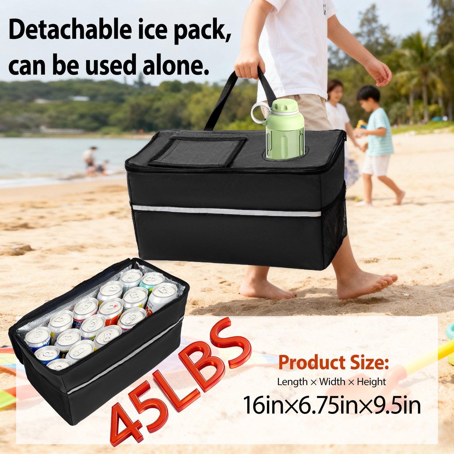 Folding Wagon with Bench Seat & 500 lbs Capacity patent protection -3-in-1 Collapsible Utility Cart with All-Terrain Beach Tires for Camping, Includes 1 ice pack, Beach, Groceries, Outdoor, Black image 6
