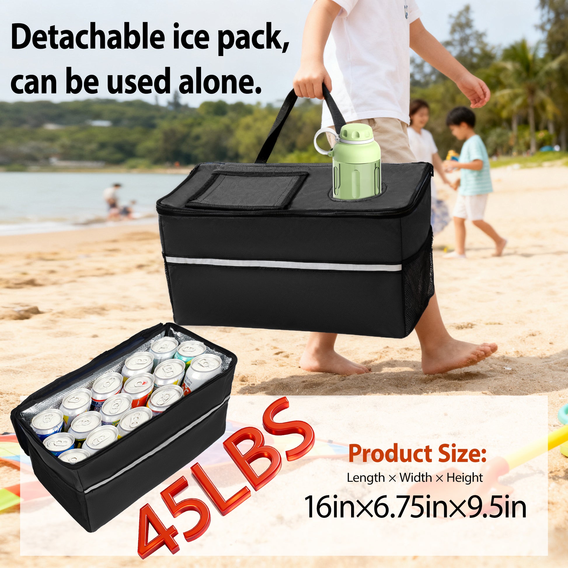 Folding Wagon with Bench Seat & 500 lbs Capacity patent protection -3-in-1 Collapsible Utility Cart with All-Terrain Beach Tires for Camping, Includes 1 ice pack, Beach, Groceries, Outdoor, Black image 6