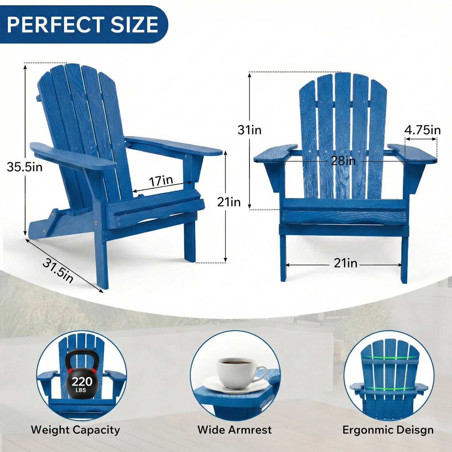 Embossed Wooden Outdoor Folding Adirondack Chair with Pre-Assembled BackRest & SeatBoard,Wood Patio Chair for Garden Backyard Porch Pool Deck Firepit with Wood Grain image 2