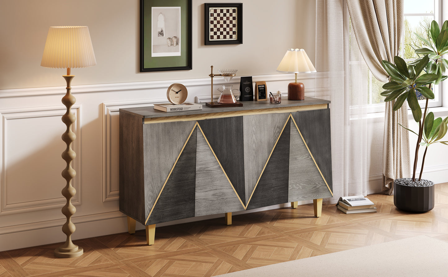 TREXM buffet cabinet close up of dimensional effect door texture and distressed finish