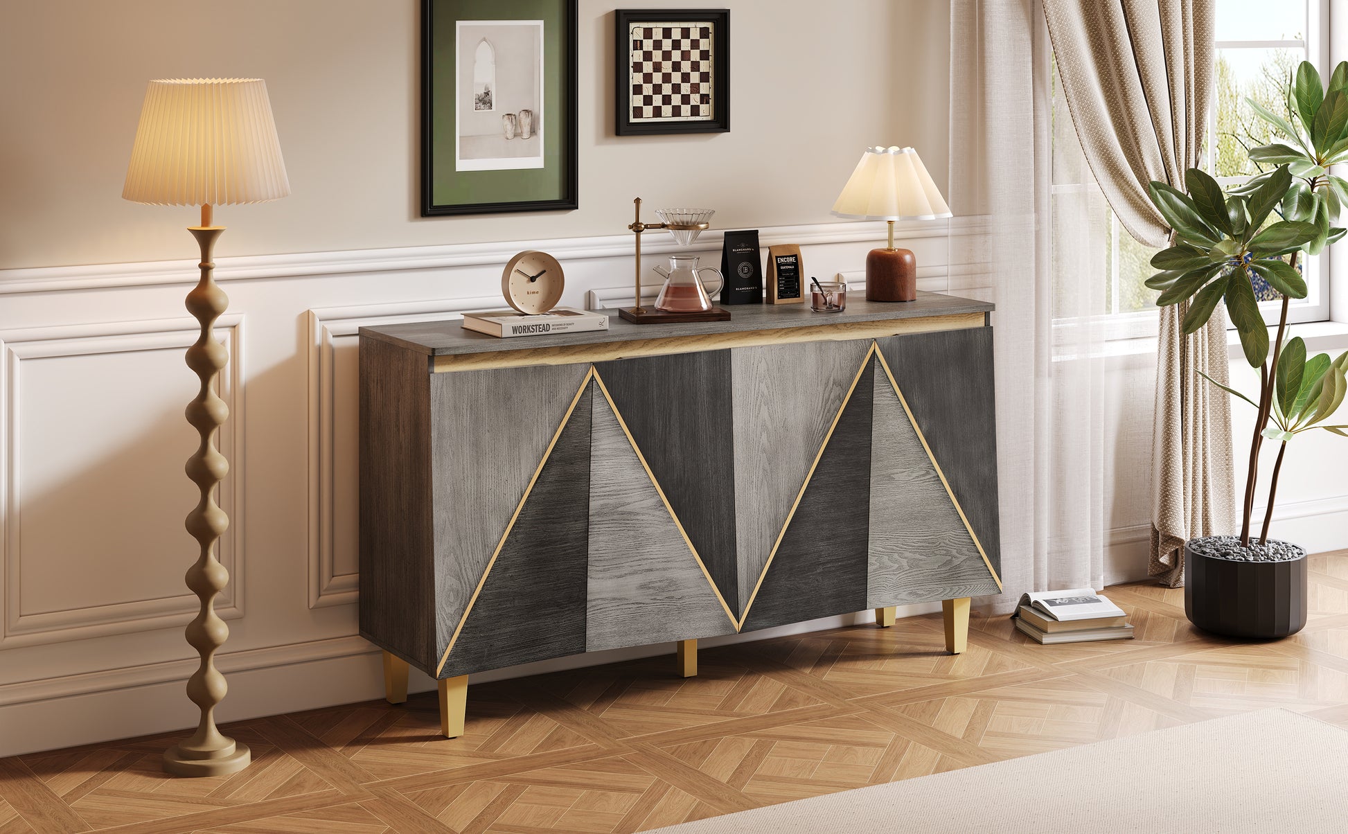 TREXM buffet cabinet close up of dimensional effect door texture and distressed finish