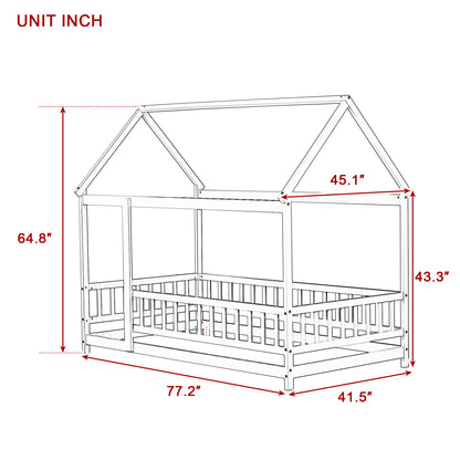 Twin Size House Floor Wooden Bed with Roof Frame,Safety Guardrails,Natural (Old Sku W504P286404) image 9