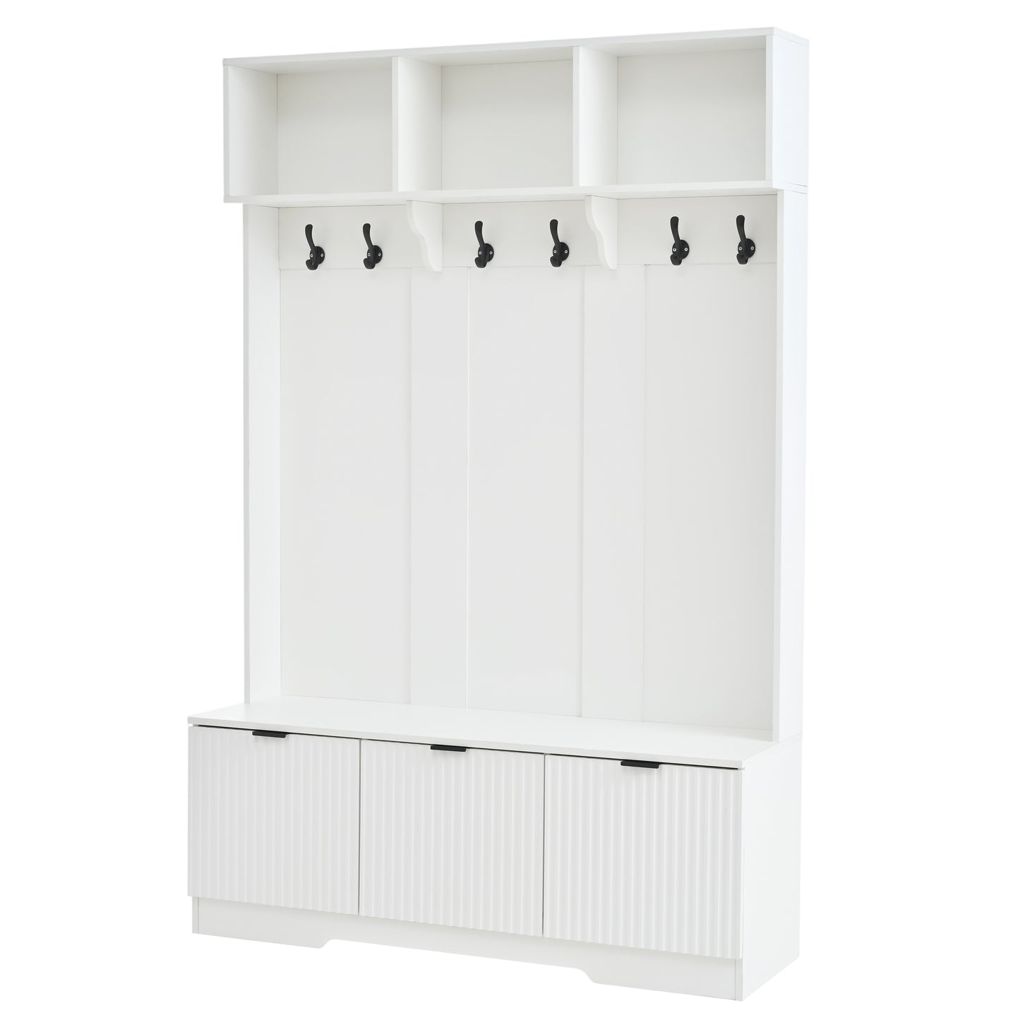 49.6 " 5-in-1 Hall Tree with Bench, Shoe Storage & 3 Open Storage Cabinets, Farmhouse Hall Tree with High Gloss Fluted Doors for Hallway Living Room image 8