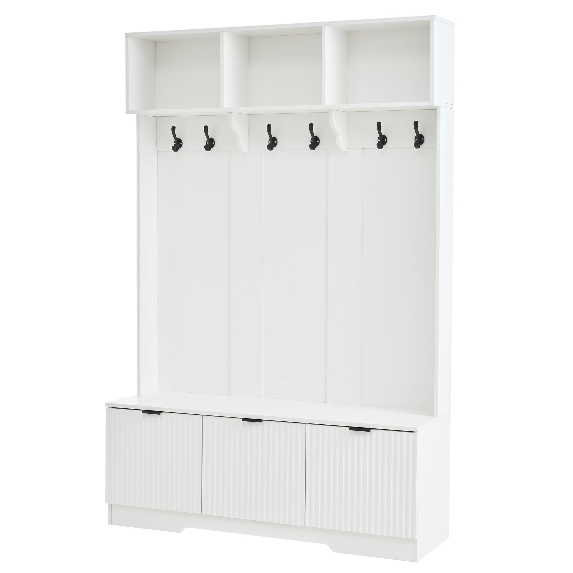 49.6 " 5-in-1 Hall Tree with Bench, Shoe Storage & 3 Open Storage Cabinets, Farmhouse Hall Tree with High Gloss Fluted Doors for Hallway Living Room image 8