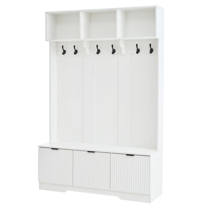 49.6 " 5-in-1 Hall Tree with Bench, Shoe Storage & 3 Open Storage Cabinets, Farmhouse Hall Tree with High Gloss Fluted Doors for Hallway Living Room image 8