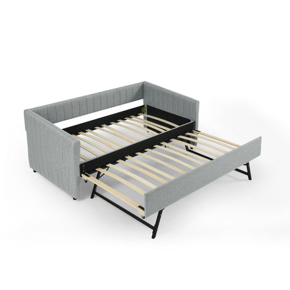 Twin Size Daybed with Trundle Upholstered Sofa Bed, with Vertical Stripes, Linen Fabric, Grey (82.5"x43"x30") image 6