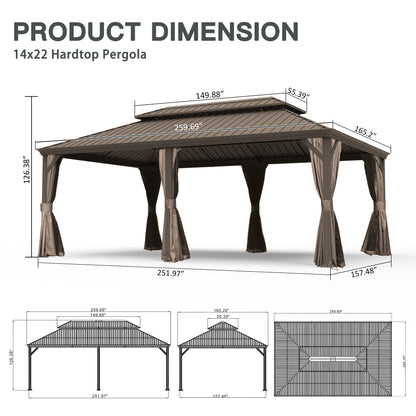 14' X 22' Hardtop Gazebo, Upgraded Metal Gazebo with Drainage System, Dual-Layer Galvanized Steel Roof, Curtain and Netting, Outdoor Shelter Canopy for Patio, Garden, and Backyard, Brown image 2