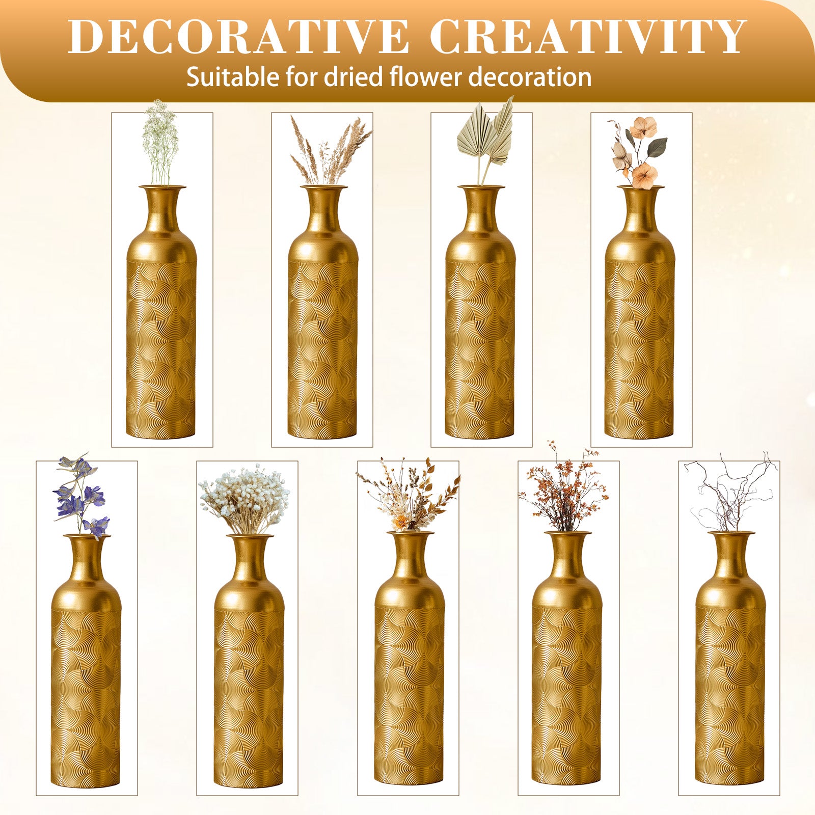 3 Pack Gold Metal Vase Set, Tall Embossed Nested Vases, Semi-Handcrafted Decorative Centerpieces for Home, Living Room, Floor, Fireplace, Not Waterproof image 7