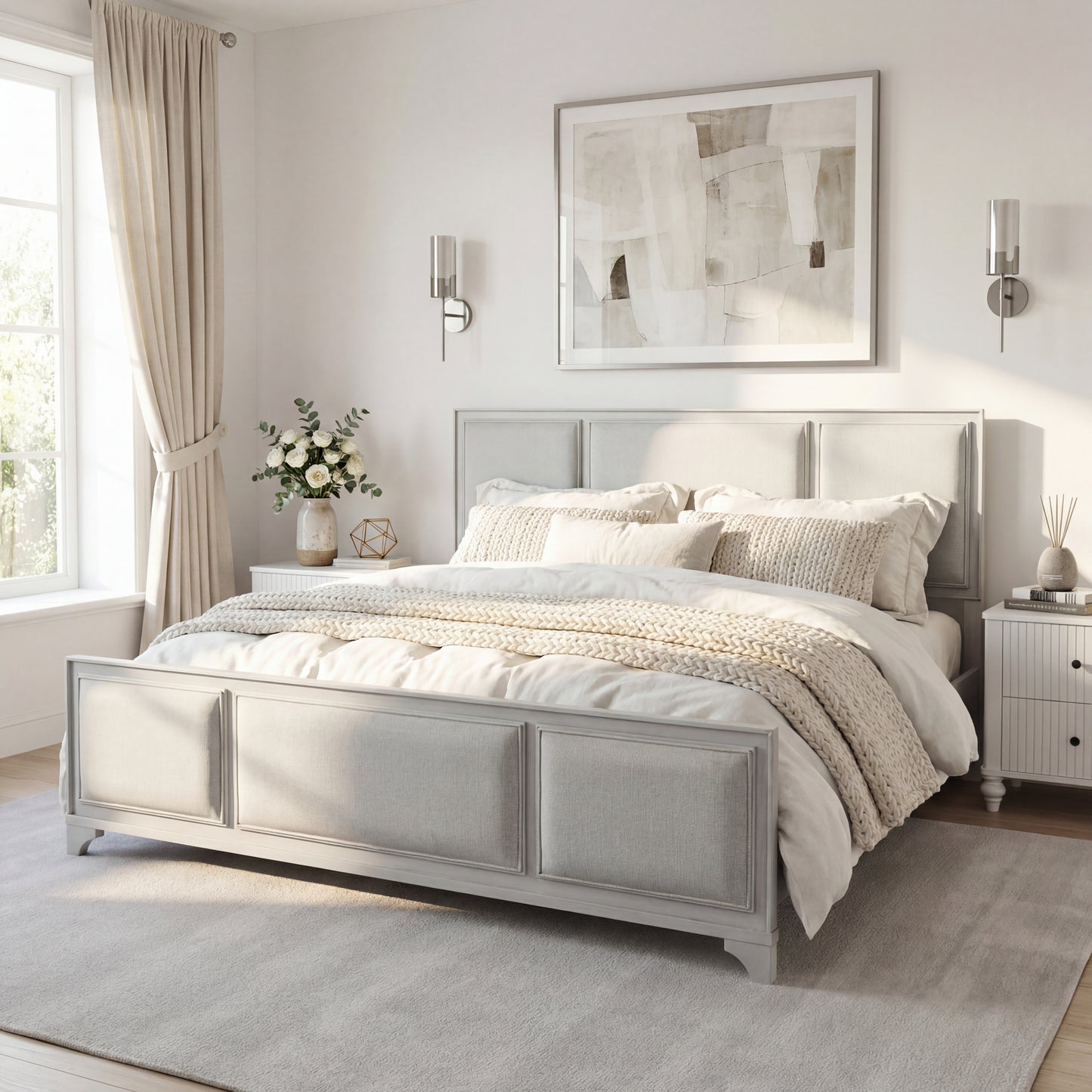 King size bed frame white wood beige fabric - alternate front view