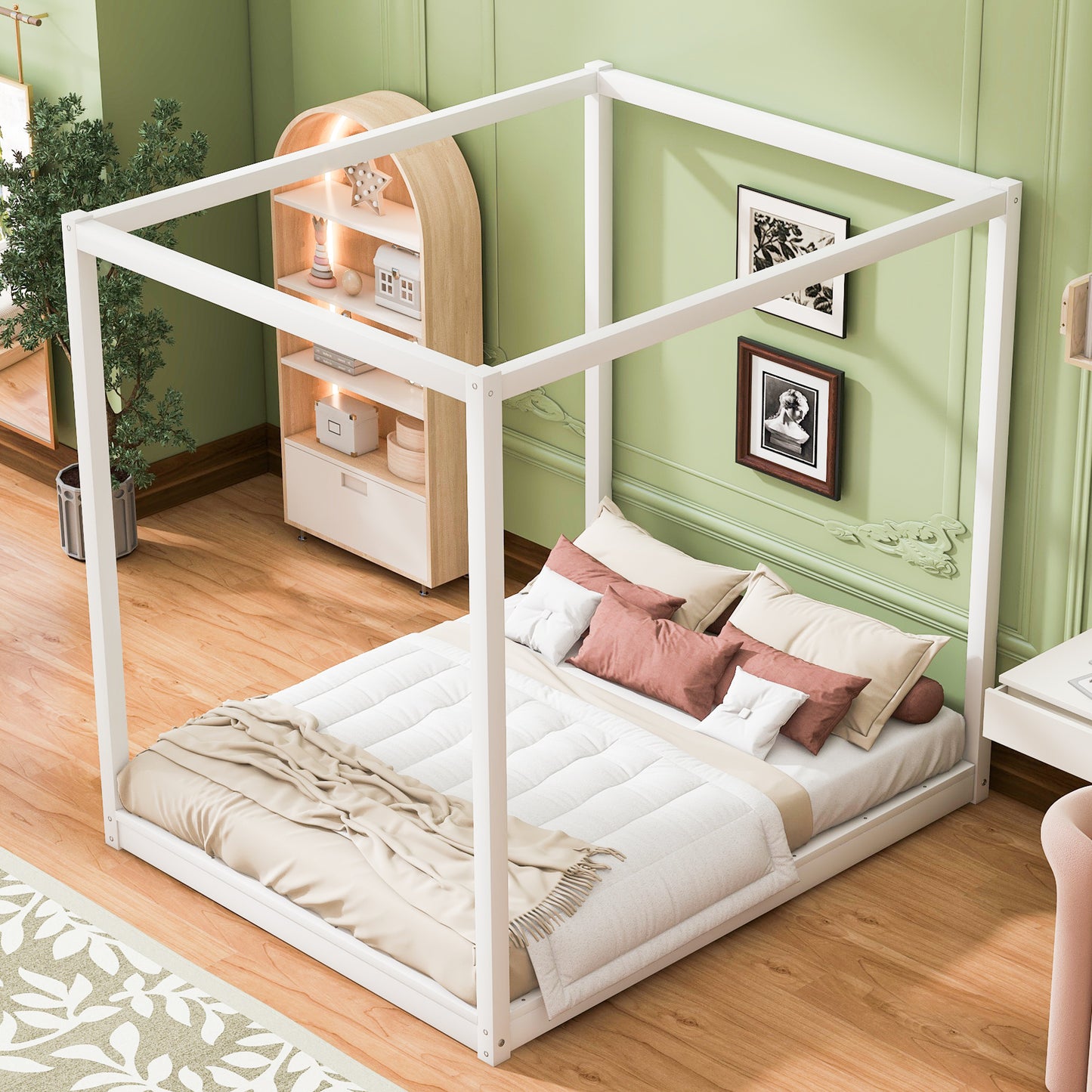 Queen Size Canopy Platform Bed with Support Legs,White image 2