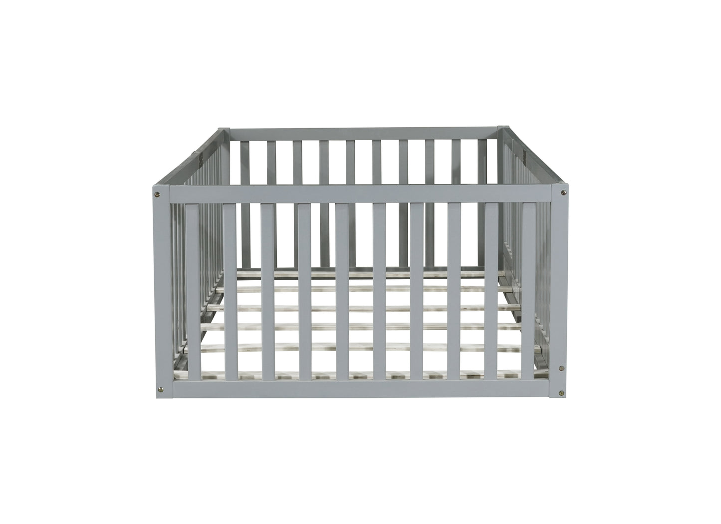 Twin Size Floor Bed with High Fence Railings, with Door, Rubber Wood Floor Bed with Safety Guardrails,Grey image 11