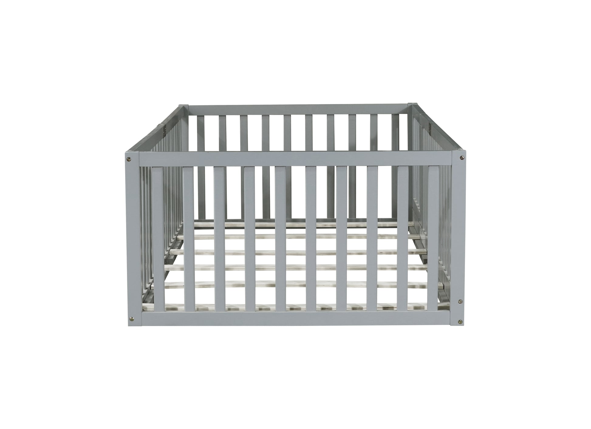 Twin Size Floor Bed with High Fence Railings, with Door, Rubber Wood Floor Bed with Safety Guardrails,Grey image 11