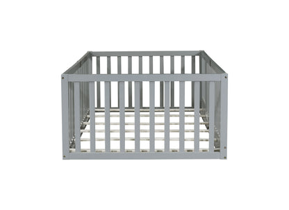 Twin Size Floor Bed with High Fence Railings, with Door, Rubber Wood Floor Bed with Safety Guardrails,Grey image 11
