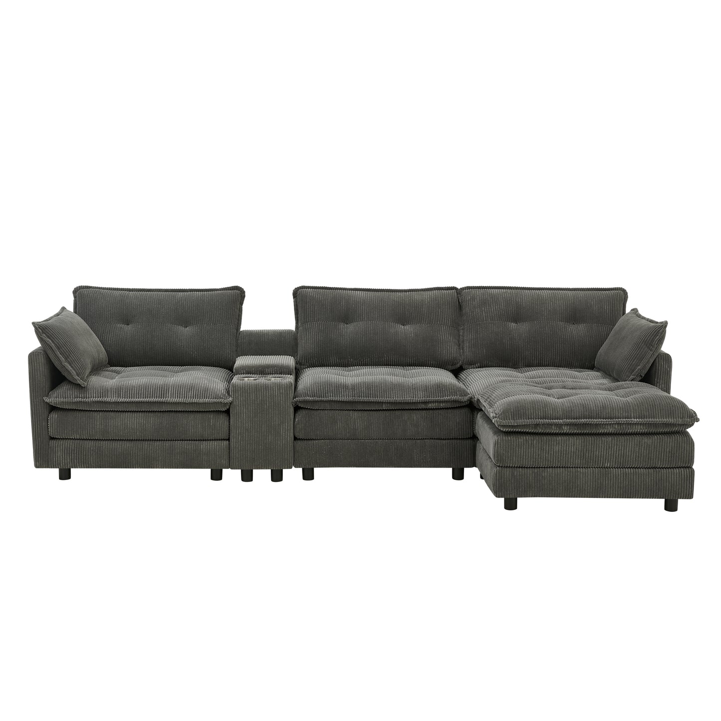 119" L-Shaped Oversized Corduroy Modular Sectional Sofa with 1 Ottoman and Multi Functional Console, 4-Seater Upholstered Couch with USB and 2 Cup Holder, Easy Assembly, for Living Room, Grey image 10