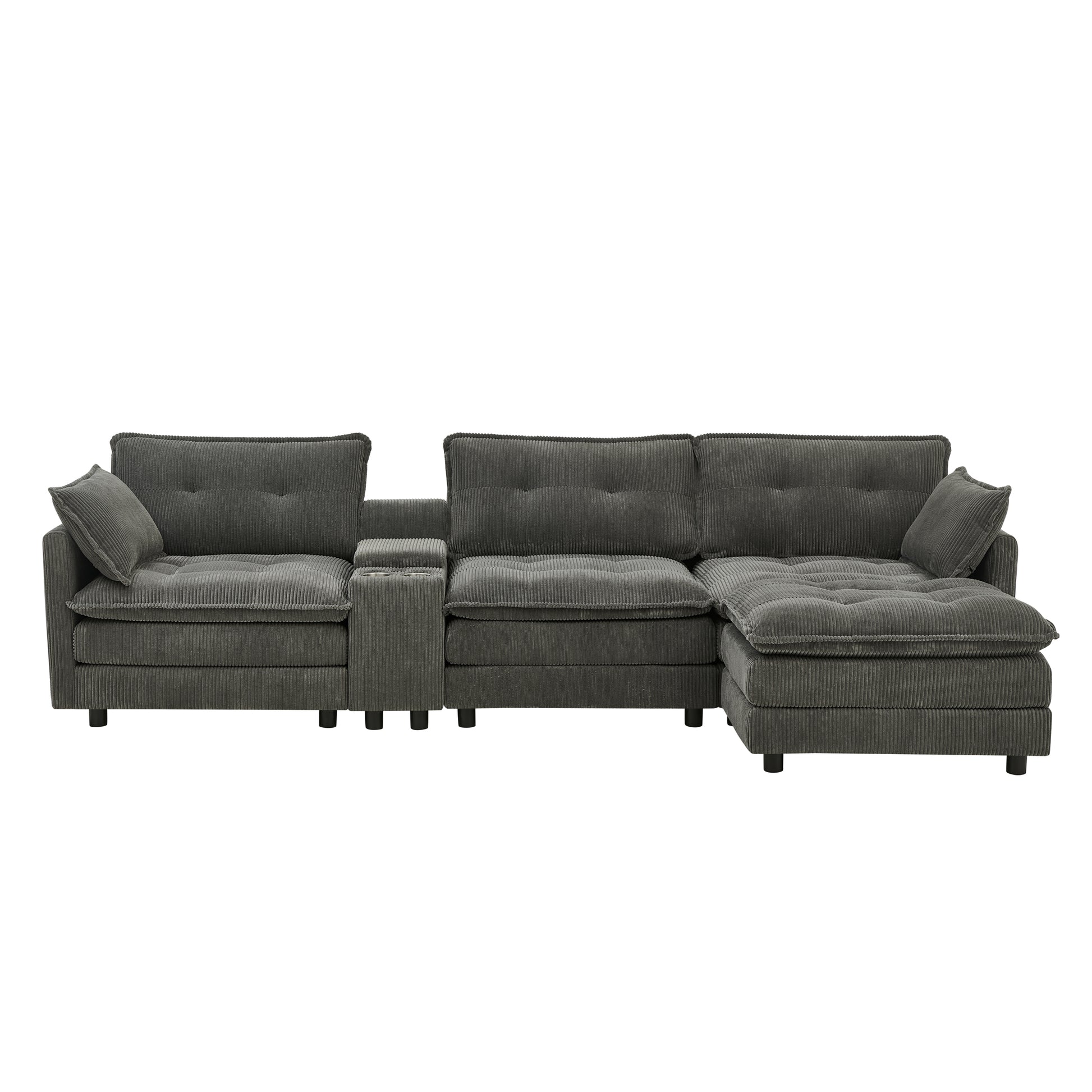 119" L-Shaped Oversized Corduroy Modular Sectional Sofa with 1 Ottoman and Multi Functional Console, 4-Seater Upholstered Couch with USB and 2 Cup Holder, Easy Assembly, for Living Room, Grey image 10