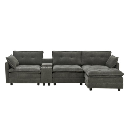 119" L-Shaped Oversized Corduroy Modular Sectional Sofa with 1 Ottoman and Multi Functional Console, 4-Seater Upholstered Couch with USB and 2 Cup Holder, Easy Assembly, for Living Room, Grey image 10