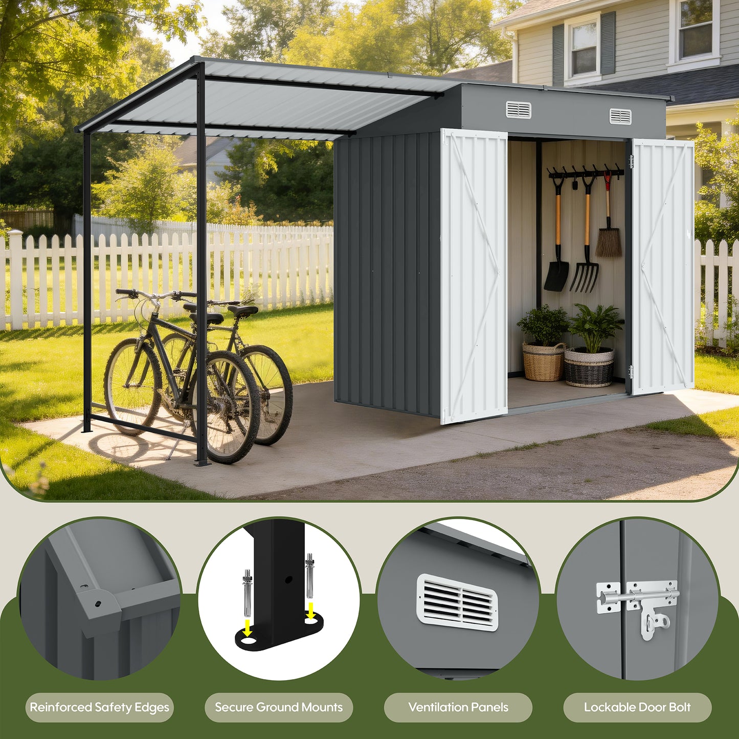 12x4 FT Metal Lean-To Shed with Pergola, 6x4 FT Outdoor Storage Shed & Hardtop Gazebo Combo, 2-in-1 Garden Tool Shed with Open Side for Patio, Backyard, Deck image 2