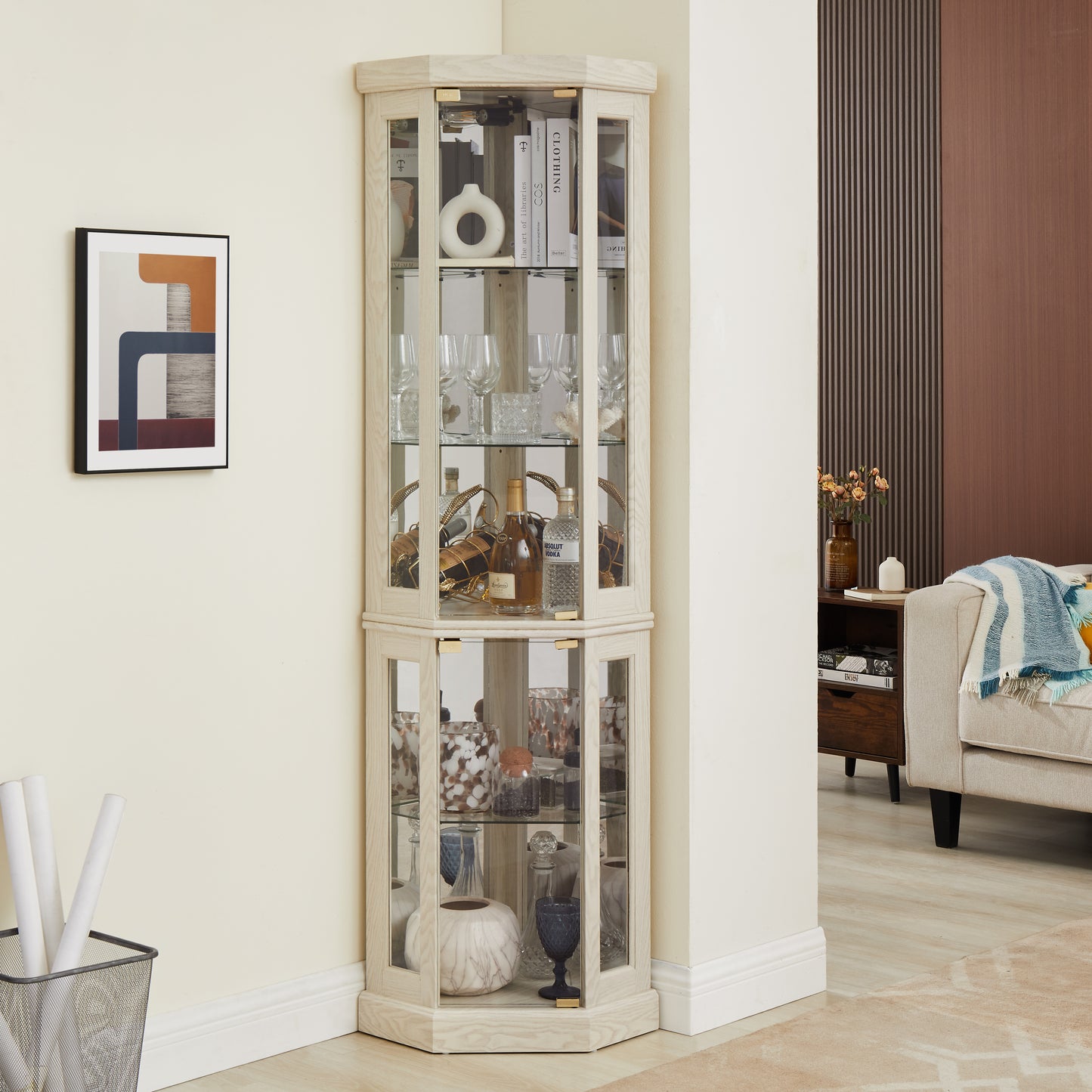 Corner Glass Cabinet Lighted Curio Cabinet Corner Display Case for Living Room, Curio Cabinet, Antique collection, Wine,Bar Glass Storage Light Included, Antique White image 4