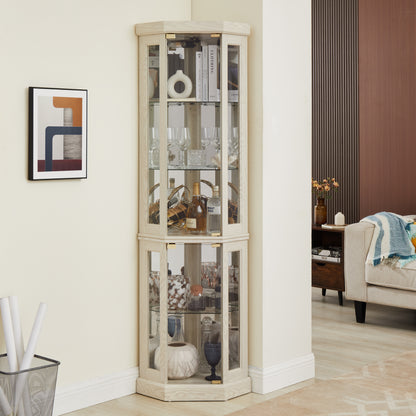 Corner Glass Cabinet Lighted Curio Cabinet Corner Display Case for Living Room, Curio Cabinet, Antique collection, Wine,Bar Glass Storage Light Included, Antique White image 4