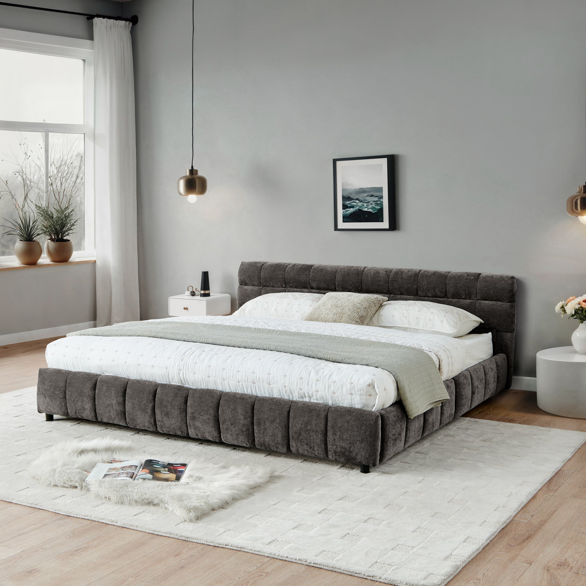 California King size Upholstered Bed,comfortable upholstered bed frame, Chenille fabric, with headboard and solid bed frame. With drawer for storage.-Dark Gray(90.5''*80.5''*31'') image 4