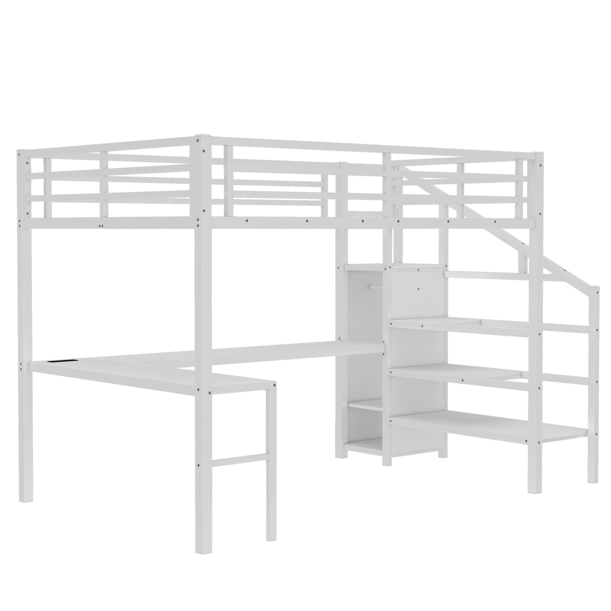 Queen Size Loft Bed with L-shaped Desk and USB, Metal Loft Bed with Wardrobe and Adjustable Shelf, High Loft Bed with LED for Kids Teens Adults, White image 7