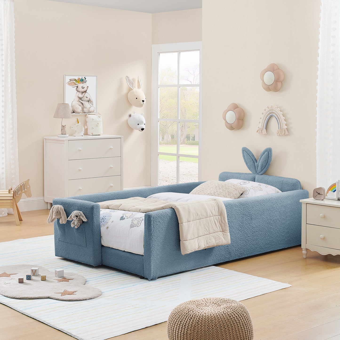 Twin Size Upholstered Platform Bed with Cute Rabbit Ear Shaped Headboard, with Safety Rail and Pocket, Boucle Fabric image 2