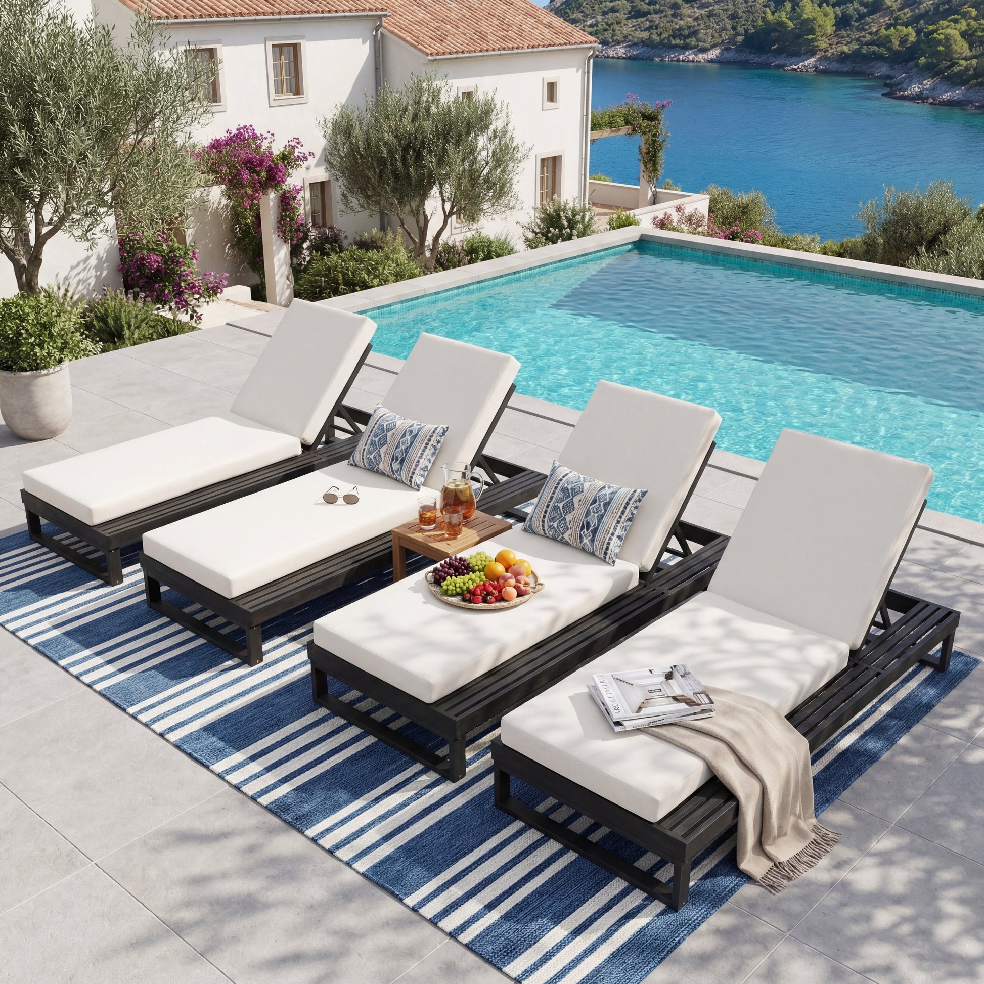 Black Acacia Wood Chaise Lounge with 4-Inch Cream 2-FoldCushion Set, 4-Position Adjustable Outdoor Patio Lounger with Flat Side Surface, for Poolside- Matching dark grey version available image 10