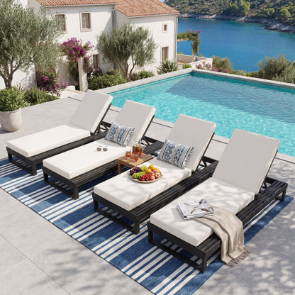Black Acacia Wood Chaise Lounge with 4-Inch Cream 2-FoldCushion Set, 4-Position Adjustable Outdoor Patio Lounger with Flat Side Surface, for Poolside- Matching dark grey version available image 10