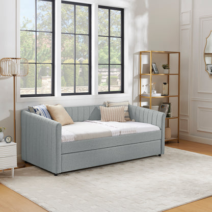 Twin Size Daybed with Trundle Upholstered Sofa Bed, with Vertical Stripes, Linen Fabric, Grey (82.5"x43"x30") image 8