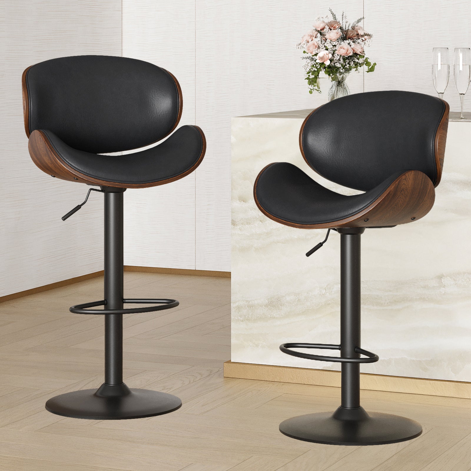 Swivel Bar Stools Set of 2 Adjustable Height Bentwood Barstools with PU Leather Upholstered Seat, Backrest and Footrest,Modern Kitchen Counter Chairs for Bar, Dining Room image 1