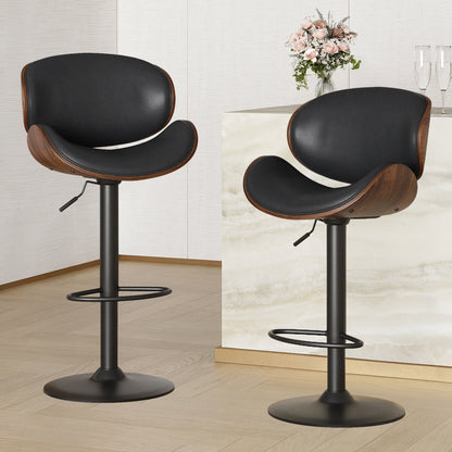 Swivel Bar Stools Set of 2 Adjustable Height Bentwood Barstools with PU Leather Upholstered Seat, Backrest and Footrest,Modern Kitchen Counter Chairs for Bar, Dining Room image 1