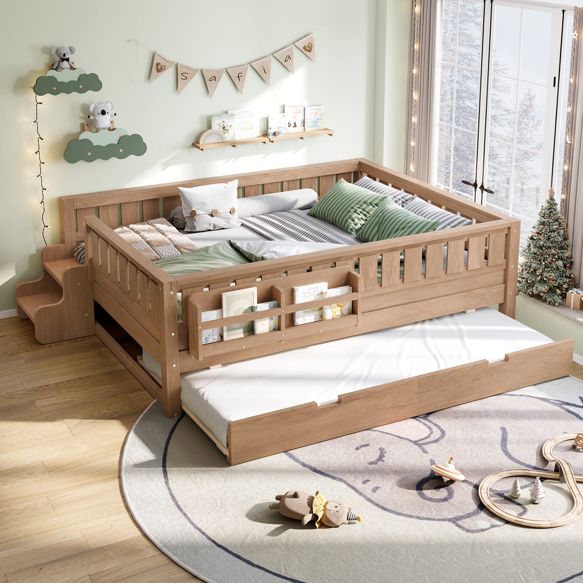 Full with built-in bookshelves and small staircase, high-quality safety rails, and Trundle,Natural image 1