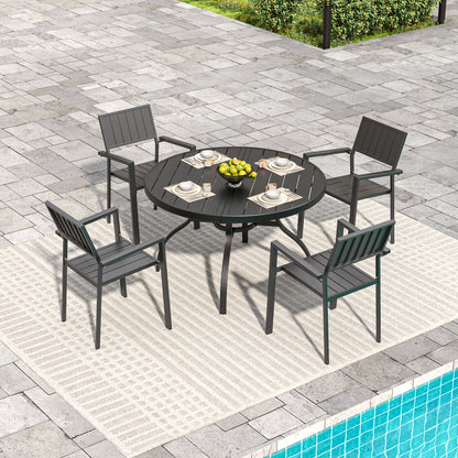 Round Faux Wood Slat Patio Table 47" with Umbrella Hole, Realistic Wood Grain Top + Matte Black High-Quality Iron Legs, Rust-Resistant Outdoor Dining Table for Garden Patio Balcony image 8