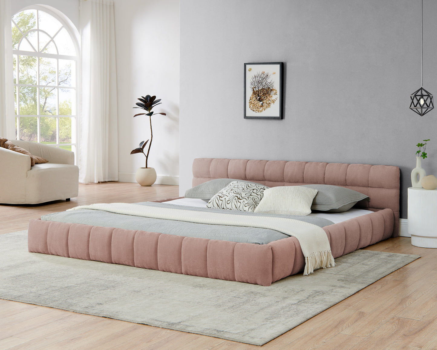 King size Upholstered Bed Frame with Thick Fabric, Chenille Fabric Grounded Queen Size Platform Bed with Headboard and Solid Frame. No Box Spring Needed-Pink(88.5''*85.5''*24'') image 2