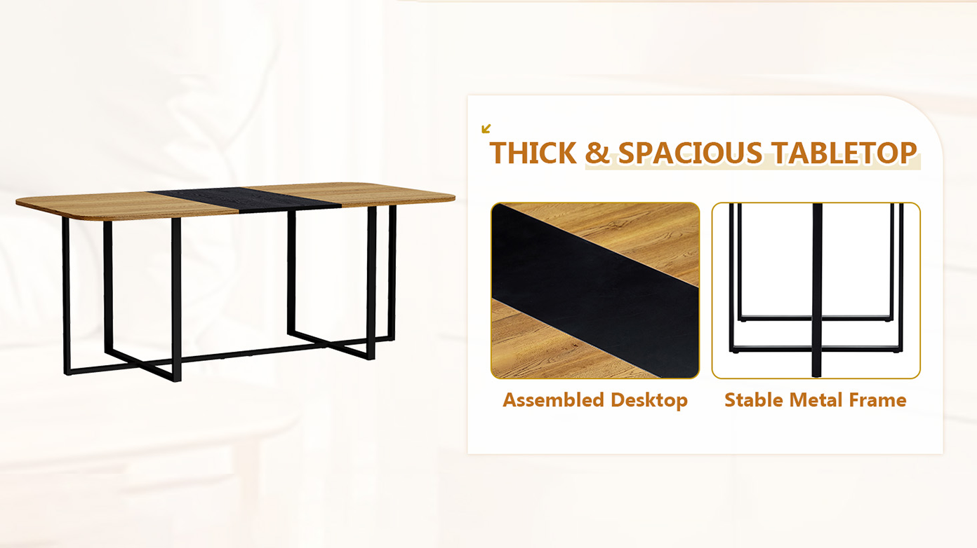 9-Piece Square Dining Table Set, Fixed Two-Tone Wood Grain & Black Wood Grain Triamine Tabletop with 8 Gray PU Leather Chairs, Modern Kitchen Table Set for 8 People, Ideal for Family Gatherings image 8