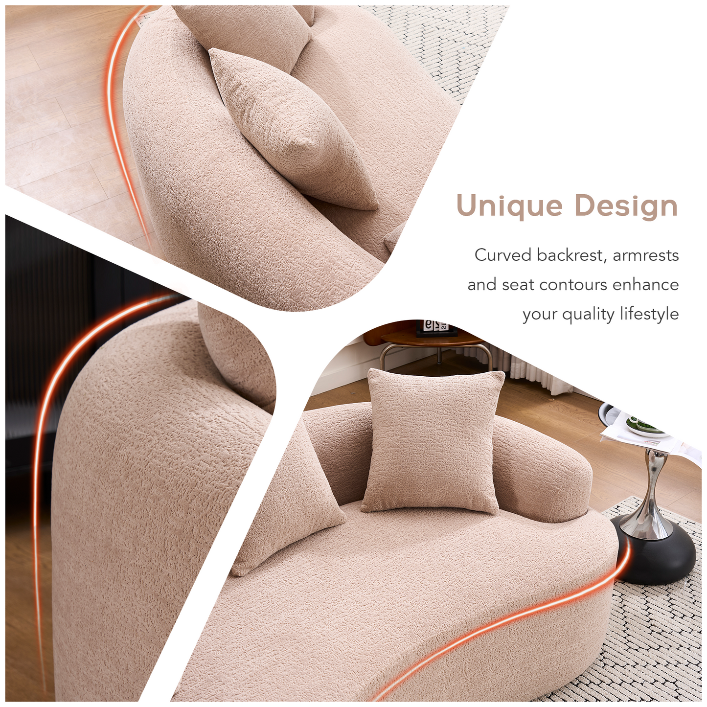Old Sku: W2231P292607 Compression Loveseat Sofa, Curved Modern Styles Sofa for Small Spaces & Apartments, 30D Chenille No-Assembly,3 Throw Pillows. Warm Beige. image 4