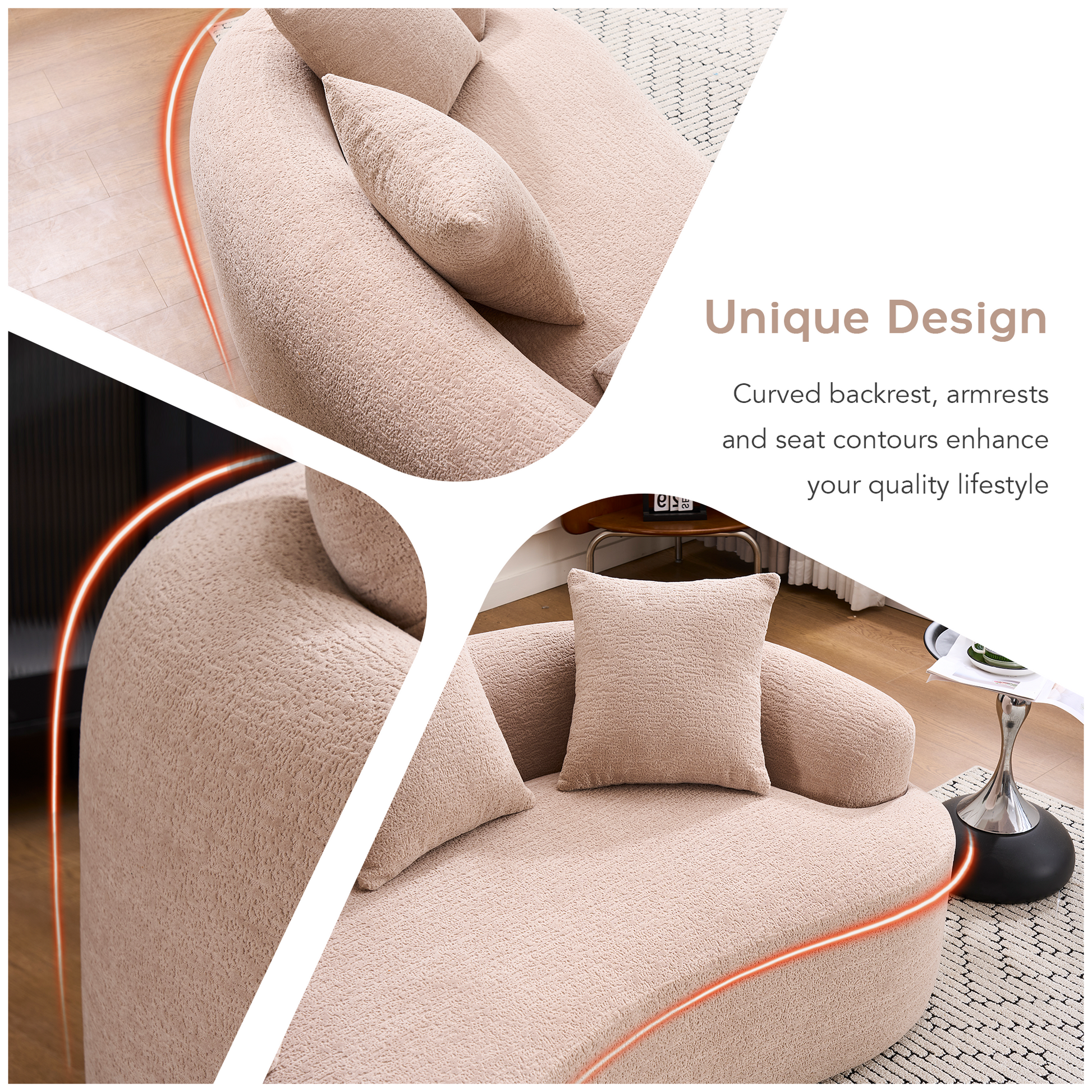 Old Sku: W2231P292607 Compression Loveseat Sofa, Curved Modern Styles Sofa for Small Spaces & Apartments, 30D Chenille No-Assembly,3 Throw Pillows. Warm Beige. image 4