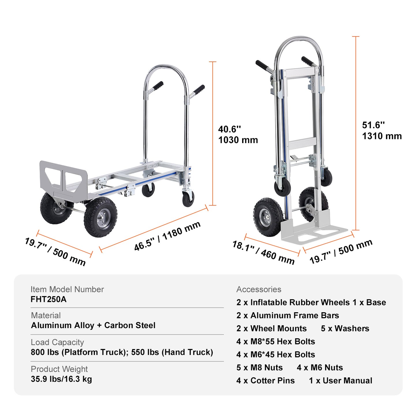 Aluminum Hand Truck, 2 in 1, 800 lbs Load Capacity, Heavy Duty Industrial Convertible Folding Hand Truck and Dolly, Utility Cart Converts from Hand Truck to Platform Cart with Rubber Wheels image 10