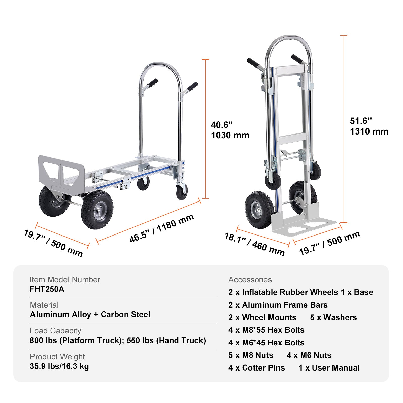 Aluminum Hand Truck, 2 in 1, 800 lbs Load Capacity, Heavy Duty Industrial Convertible Folding Hand Truck and Dolly, Utility Cart Converts from Hand Truck to Platform Cart with Rubber Wheels image 10