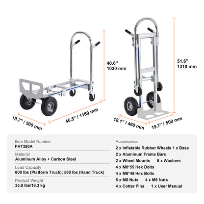 Aluminum Hand Truck, 2 in 1, 800 lbs Load Capacity, Heavy Duty Industrial Convertible Folding Hand Truck and Dolly, Utility Cart Converts from Hand Truck to Platform Cart with Rubber Wheels image 10