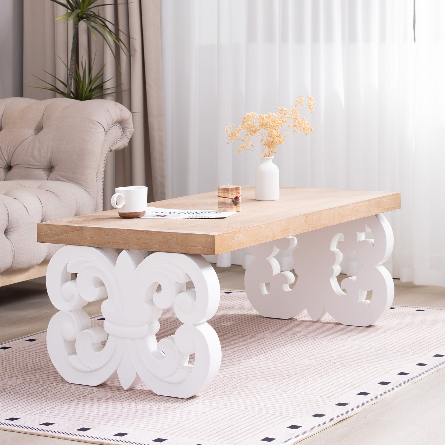 Ornate Wood Coffee Table – 47" Rectangular Farmhouse Style Table with White Carved Base and Natural Wood Top – Living Room Accent Table – Elegant Centerpiece for Modern or Traditional Decor image 2