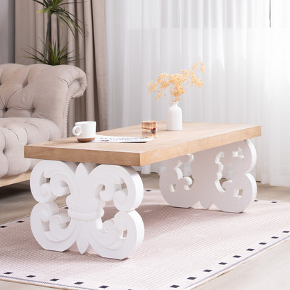 Ornate Wood Coffee Table – 47" Rectangular Farmhouse Style Table with White Carved Base and Natural Wood Top – Living Room Accent Table – Elegant Centerpiece for Modern or Traditional Decor image 2