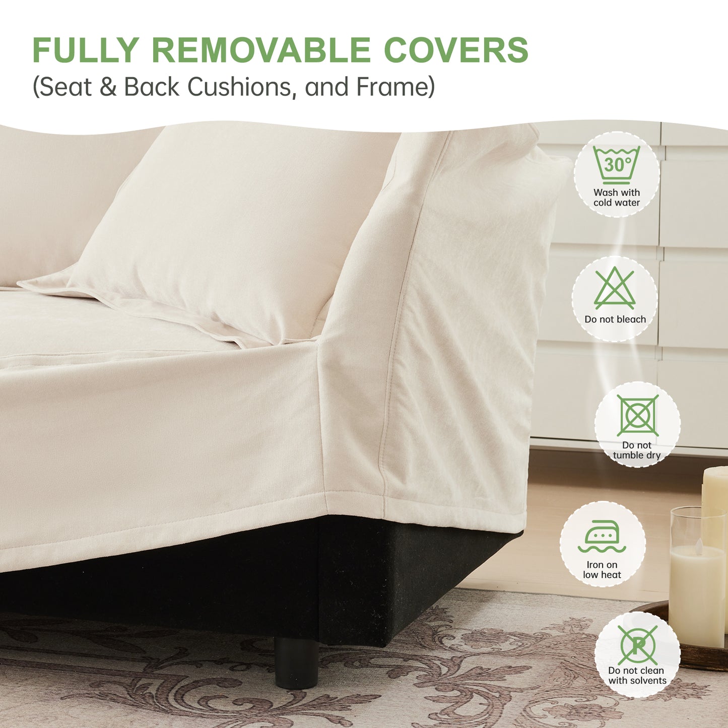 Slipcovered Sectional 2 Seater Sofa Couch with Convertible Ottoman, Wide and Deep Seat L Shaped Sofa with Detachable Cover and Soft Multiple Big Pillows, Chenille Fabric, Cream image 4