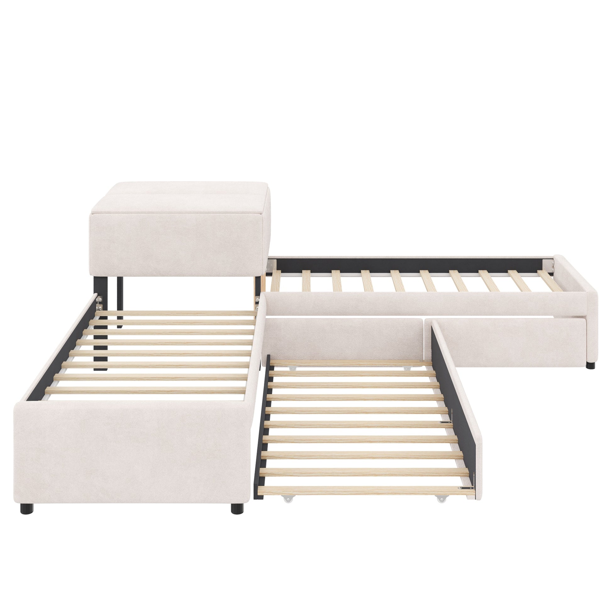 L-shaped Upholstered Platform Bed with Trundle and Two Drawers Linked with built-in Desk,Twin,Beige image 12