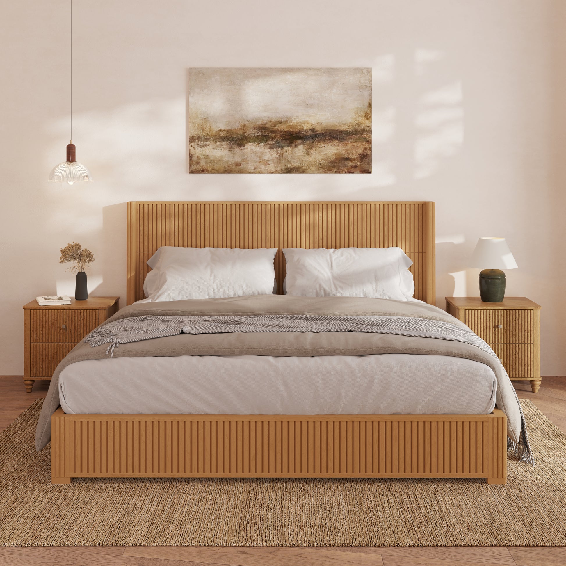 Solid Wood Platform Bed Frame with Headboard, No Box Spring Needed, Floor-standing bed, Easy Assembly, King Size, Natural image 1